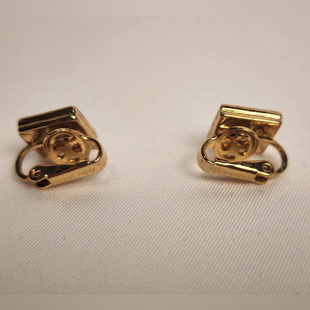 Nina Ricci Gold Square Cube Clip On Earrings Pave Crystals - Picture 4 of 8